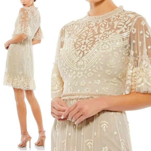 $698 NEW MAC DUGGAL CREAM NUDE LACE ILLUSION HIGH NECK MINI DRESS 8 NWT - Picture 1 of 6